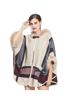 Fur Collar Check Hooded Cape S0139 - Beige