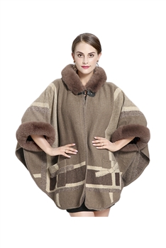 Fur Collar Check Hooded Cape S0139 - Brown