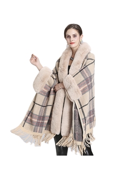 Fur Collar Check Hooded Cape S0140 - Beige