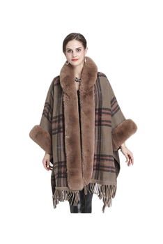 Fur Collar Check Hooded Cape S0140 - Brown