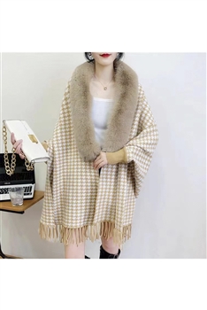 Houndstooth Fur Collar Shawl S0183 - Brown