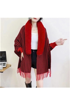 Houndstooth Fur Collar Shawl S0183 - Red