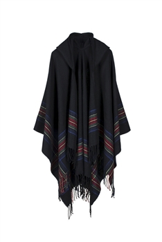 Striped Printed Cashmere Hooded Shawl S0193 - Black