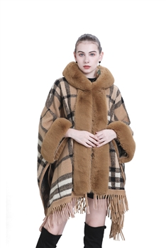 Fur Collar Check Hooded Cape S0195
