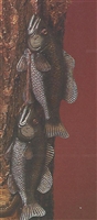 A cast ceramic figure of two realistic bass-like fish. They have dark green and brown backs with lighter white bellies and white fins. They are displayed on a wooden post against a dark red background.
