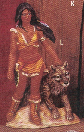 A cast ceramic figure of a Native American woman with her hand resting atop the head of a wolf standing beside her. Her hair blows in the wind. She wears a short fringed skirt and small top, and has feather accents in her hair. The wolf gazes forward.