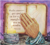 A scene of multiple cast ceramic figures. There is an open book, votive holder, and set of praying hands. The bookâ€™s left page has the first line of Our Father in Spanish and the right has a sun. The votive holder looks like stone and holds a candle.