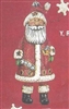 A cast ceramic figure of a traditionally styled Santa. He hangs with his legs attached in such a way that they dangle from his body and move as he moves. He holds a string of bells in one hand and a sack of toys in the other.
