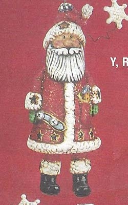 A cast ceramic figure of a traditionally styled Santa. He hangs with his legs attached in such a way that they dangle from his body and move as he moves. He holds a string of bells in one hand and a sack of toys in the other.