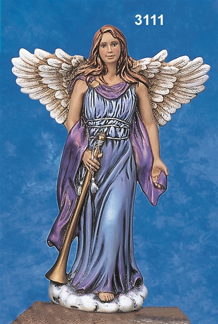A cast ceramic figure of a large standing angel. She has long blonde hair and wears a blue toga-like dress with purple scarf. She holds a long trumpet in her right hand and her left holds a corner of her scarf at her side. Her outstretched wings are white
