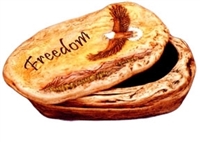 An oval-shaped cast ceramic stone slab serving as a lid for a similarly shaped cast ceramic stone box. The slab is flat on both sides and has the image of an eagle flying over a mountain landscape embossed on it, with the word Freedom carved above.