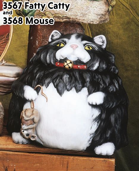 A cast ceramic figure of a comically large, rotund, and spherical cat. It wears a collar with a bell and is seated with its front paws up in the air. It holds a mouse by the tail in one of its front paws and looks upwards.