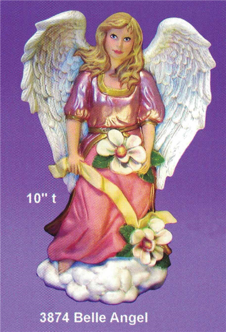 A cast ceramic figure of an angel. She stands atop a cloud with her feathered wings outstretched behind her. Her long pink dress blows in the wind. She holds a large flower in her left hand and a ribbon trailing into another flower at her feet in her left