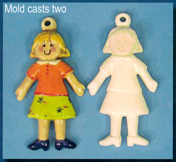Two flat ornaments of cast ceramic. Both are shaped like a cartoon woman with dot eyes and short hair, wearing a blouse, skirt, and shoes. There is a small ball with a hole in it atop her head for hanging. The left has been painted, the right has not.