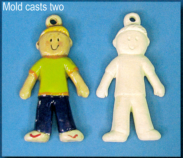 Two flat ornaments of cast ceramic. Both are shaped like a cartoon boy with dot eyes and short hair, wearing a t shirt, jeans, and shoes. There is a small ball with a hole in it atop his head for hanging. The left has been painted, the right has not.