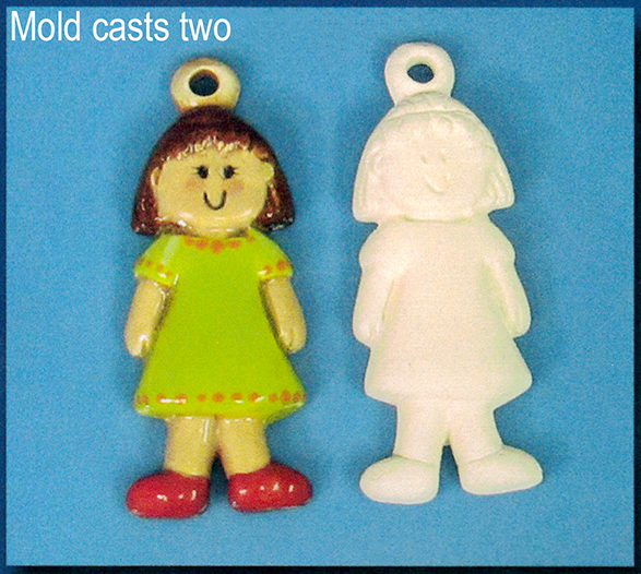 Two flat ornaments of cast ceramic. Both are shaped like a cartoon girl with dot eyes and short hair, wearing a short sleeved dress and shoes. There is a small ball with a hole in it atop her head for hanging. The left has been painted, the right has not.