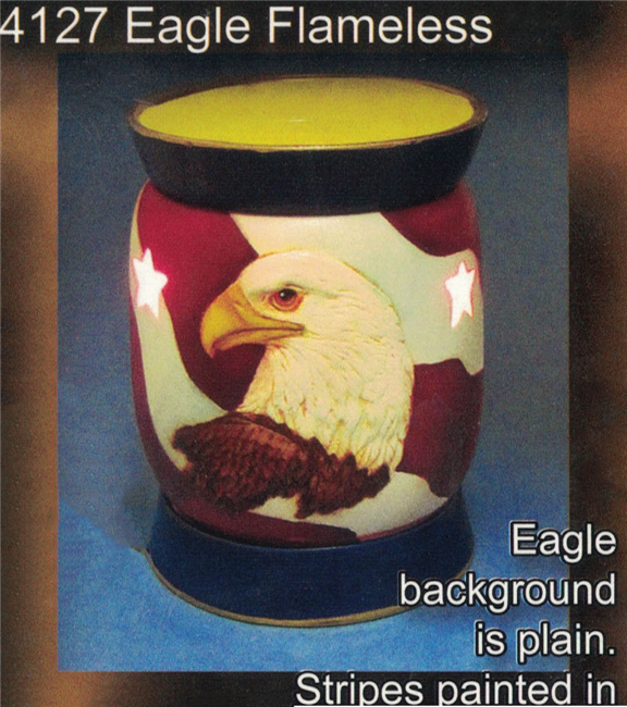 A three-piece cast ceramic wax melt burner. The circular top dish and bottom base are the same size and both glazed with dark blue. The cylindrical body has a bald eagle against a background of red-and-white stripes with star-shaped holes to let light out