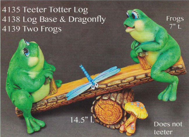 A scene of multiple cast ceramic figures. Two frogs sit on opposite ends of a log thatâ€™s been cut in half with one end raised in the air. A smaller circular log lies on its side underneath, giving the appearance of a teeter totter.