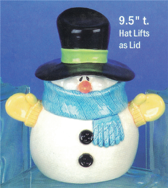 A large cast ceramic jar in the shape of a snowman. His top hat is the lid while his head, arms, and body are the jar base. He also wears a pair of mittens and a thick scarf that obscures his mouth. He has two large buttons on his body.