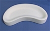 A white plaster mold for pressing moist clay into shapes on a blue background. It is a long, large crescent shape, with a smaller crescent carved into the center surrounded by a rounded edge.