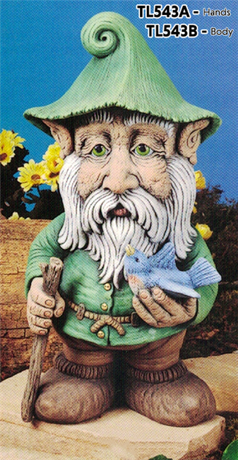 A cast ceramic figure made of multiple pieces assembled into a cartoonish gnome. He has a large nose and ears, wears  a cap, and has long facial hair. He holds a bird in his outstretched left hand and a wooden walking stick in his right.