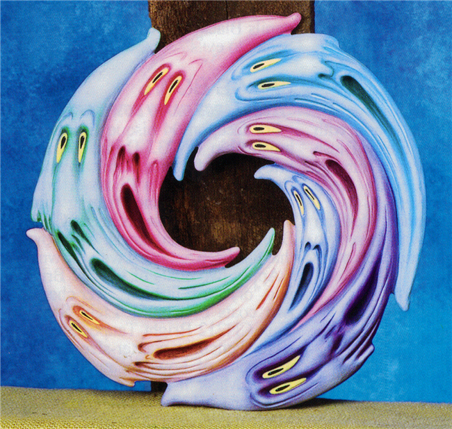 A cast ceramic wreath made to look like a grouping of ghosts swirling around the open center. Each ghost has a face with an open mouth, features distorted by the swirling shape. Each ghost is painted a different color.