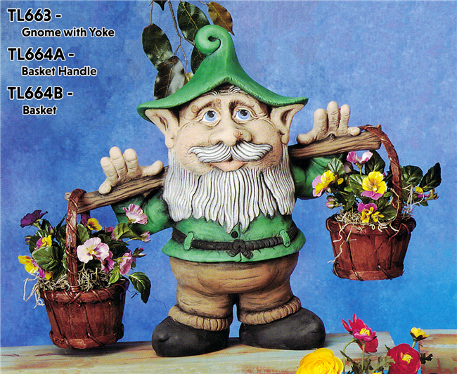 A cast ceramic figure made of multiple pieces assembled into a cartoonish gnome. He has a large nose and ears, wears  a cap, and has long facial hair. He stands, supporting a wooden yoke with a basket on either end of it atop his shoulders.