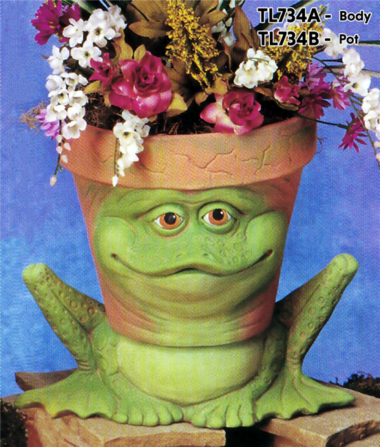 A large cast ceramic figure of a cartoonish frog with its head as a separate functional pot. The body of the frog supports the head, seated with legs bent. Its face on the side of the pot looks forward intently. The pot has a few small lines like cracks.