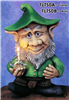A cast ceramic figure made of multiple pieces assembled into a cartoonish gnome. He has a large nose and ears, wears  a cap, and has long facial hair. He stands with his right hand extended, holding a real glass oil lamp. He has a small smile.