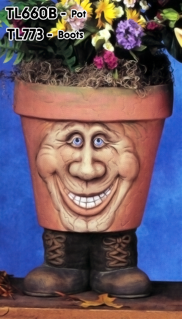 A large cast ceramic pot with a cartoonish human face. The face has a large nose and wide, toothy grin. The pot is textured with small lines like aged cracks and is placed atop a pair of cartoonish cast ceramic boots with laces.