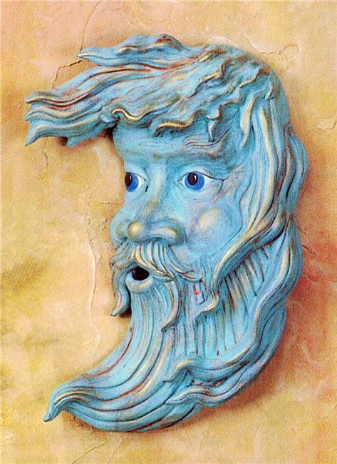 A cast ceramic plaque of a stylized crescent moon. The middle of the moon has a cartoonish face of an old man with mustache, lips pursed and open as if blowing. The bottom and top of the moon are textured like his beard and windswept hair.