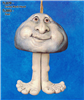 A cast ceramic figure of a rock with a cartoonish human face. It has a large nose and lopsided smile. It has a flat base and has been placed on a separate pair of cast ceramic legs and feet. The legs are long and knobbly and the feet wide.