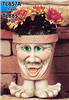 A cast ceramic pot with a cartoonish human face. The face has an open mouth smile, very large nose, and large eyes. The pot is textured with small lines like aged cracks and is placed atop a pair of wide cartoonish cast ceramic feet.