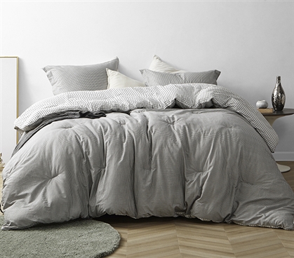 Soft Cotton Dorm Bedding with Thick Inner Fill Designer Gingham Gray Extra Long Twin Oversize Comforter