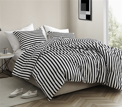 Soft Cotton College Bedding Designer Onyx Extra Long Twin Comforter with Black and White Striped Design