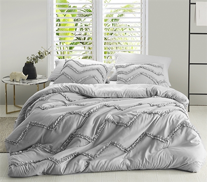 Gray Ruffles XL Twin Duvet Cover Textured Glacier Gray College Bedding with Chevron Pattern