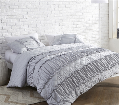 Gray College Duvet Cover Stylish Ruffle Pleats Glacier Gray Extra Long Twin Dorm Room Bedding