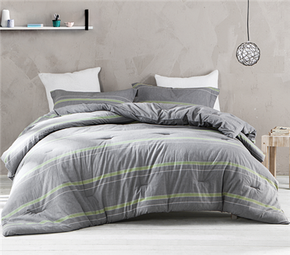 Twin XL College Gray and Lime Comforter -Must Have Dorm Bedding Items