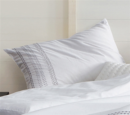 Stylish Twin XL Bedding Decor White Villa Stitch Standard College Pillow Sham with Embroidered Design
