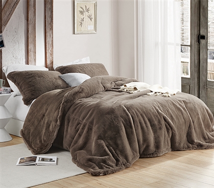 Faux Fur College Bedding Thick Plush Machine Washable Dorm Neutral Brown Comforter Set