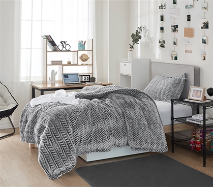 Designer Twin Extra Long Comforter Set with Standard Size Pillow Sham Chevron Grey College Bedding Essentials