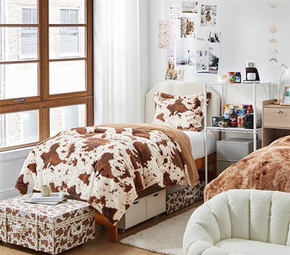 Luxury College Comforter Cozy Brown Cow Print Dorm Room Ideas Twin XL Farmhouse Bedding Set