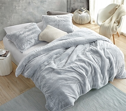 Affordable Plush College Bedding Set Peak of Cozy Coma Inducer Twin Extra Long Comforter Frosted Gray Chevron Pattern