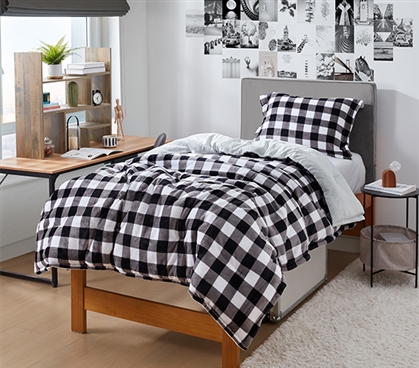 Trendy Preppy Dorm Room Decor Plaid Comforter Set with Pillow Sham Black and White Twin XL Bedding Essential