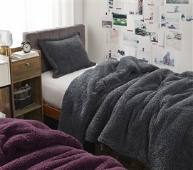 Fluffy Faux Fur Blanket for College Neutral Dorm Comforter Gray Twin Extra Long Bedding Set