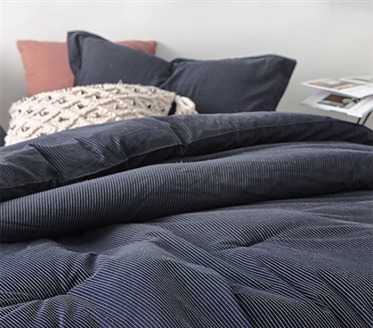 Essential Dorm Bedding Set Pinstripe Navy Designer Twin XL Comforter with Standard Size College Pillow Sham