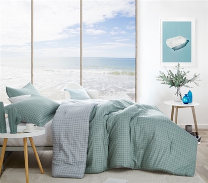 Designer Twin XL Comforter Grady Check Green and Light Gray College Soft Cotton Bedding Set