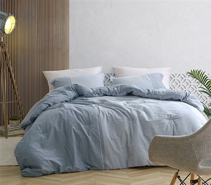 Stylish XL Twin Bedding Decor Half Moon Blue Hues Soft Yarn Dyed Cotton Oversized College Comforter Set