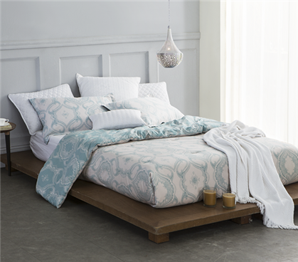 Twin XL Comforter - Designer Extra Long Twin Dorm Bedding - Teal / White