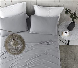 Easy to Match Neutral Gray Spandex-Infused Microfiber Full Sheets with Matching Standard Size Dorm Pillowcases
